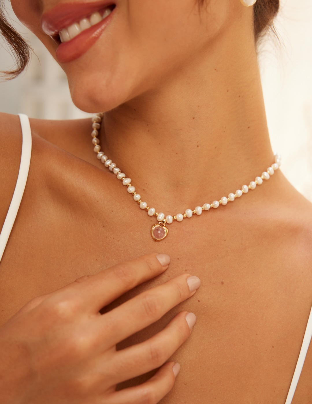 Delicate Pearl Sterling Silver Necklace with Sparkle Strawberry Crystal Pendant