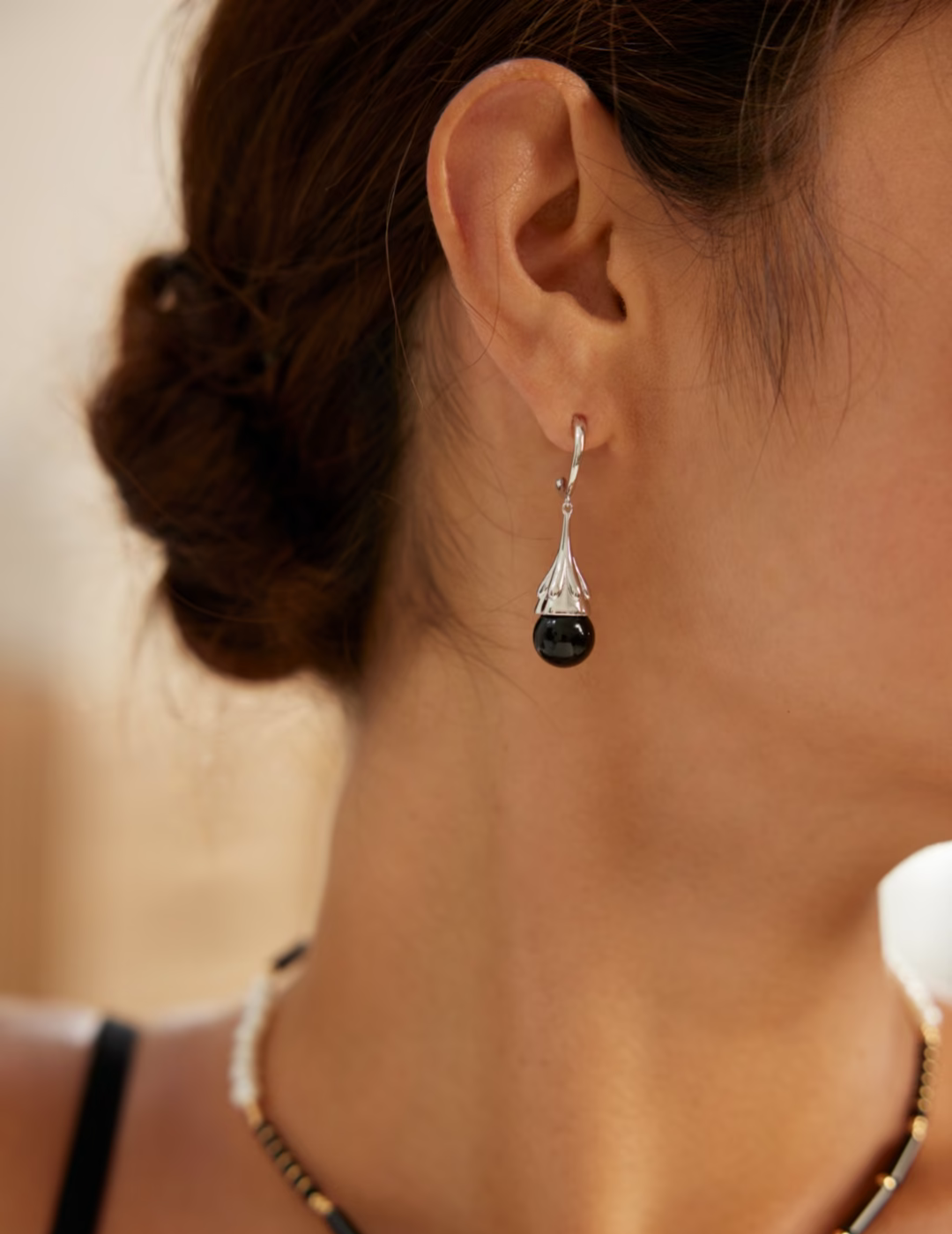 Classy Sterling Silver Medium-Length Black Agate Earrings