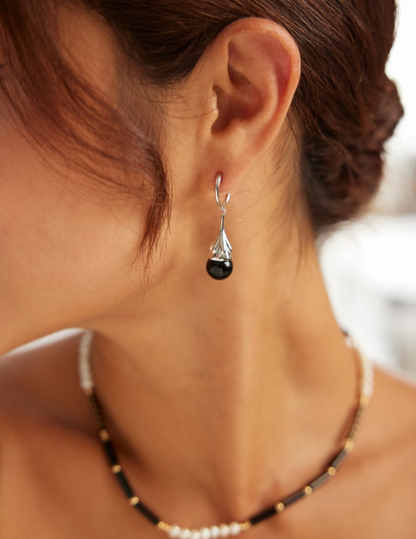 Classy Sterling Silver Medium-Length Black Agate Earrings