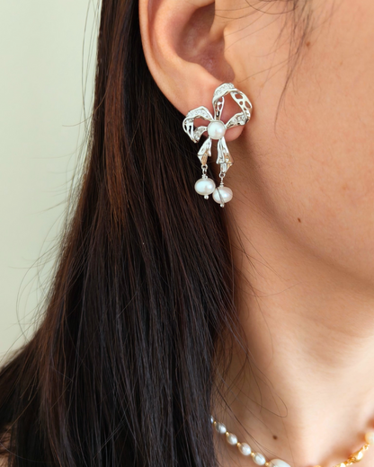 Delicate Pearl and Zircon Embellished Sterling Silver Butterfly Earrings