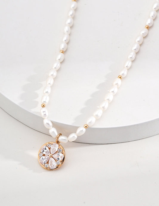 Blooming Luck Zircon and Pearl Sterling Silver Necklace