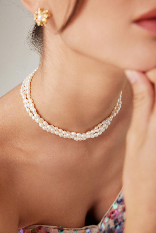 Luxury Three-Layered Rice-Grain Pearl Necklace with Golden OT Lock