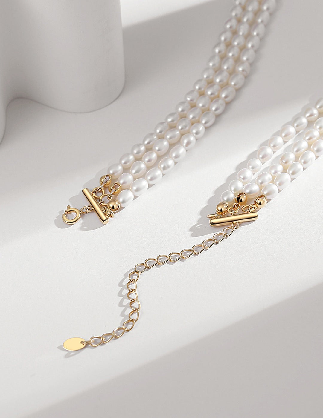 Luxury Three-Layered Rice-Grain Pearl Necklace with Golden OT Lock