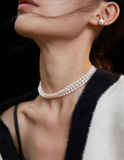 Luxury Three-Layered Rice-Grain Pearl Necklace with Golden OT Lock