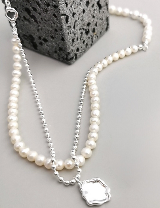 Luminous Elegance: Chic Dual-Layered Sterling Silver and Pearl Necklace