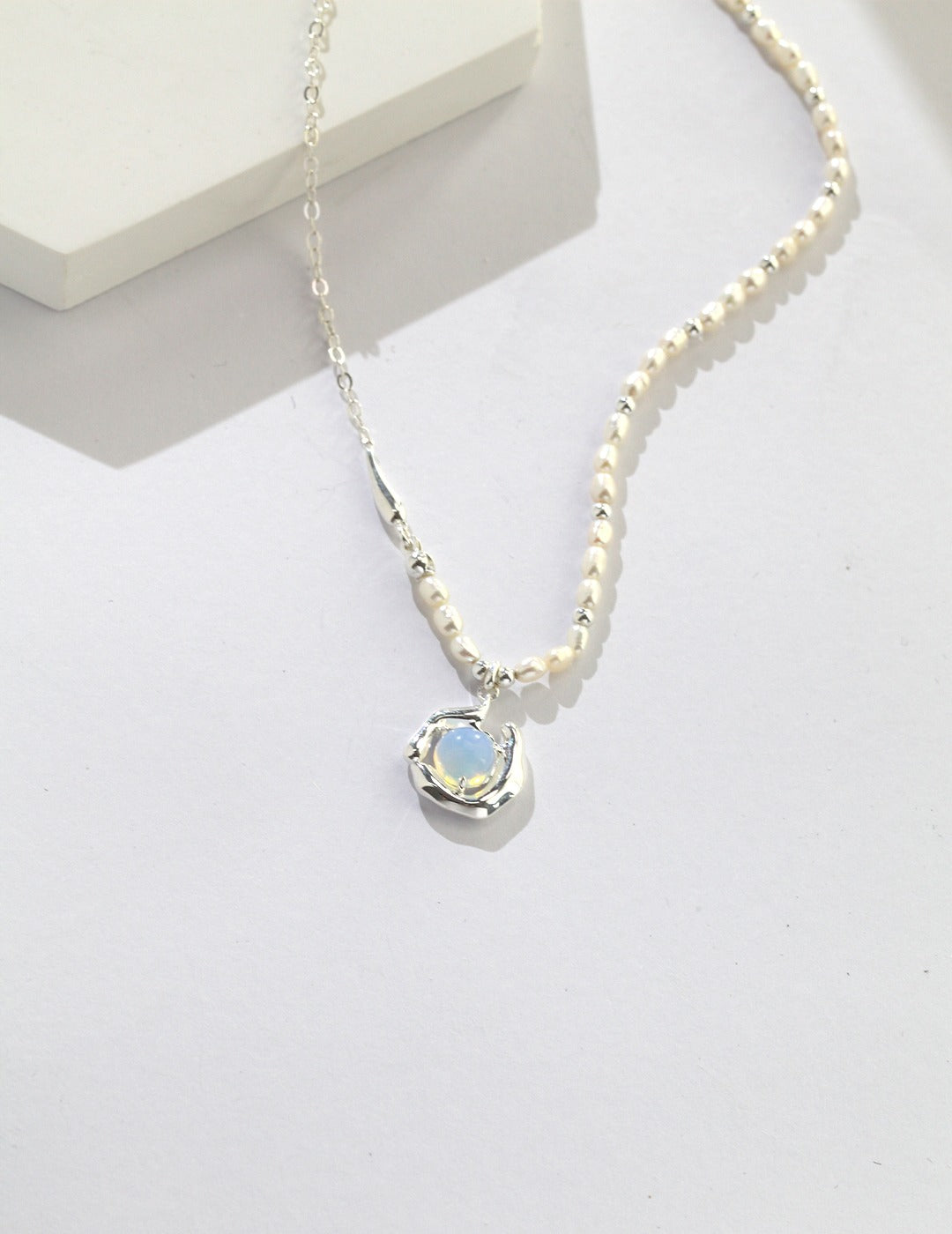 Pure Land: Natural Pearl and Sterling Silver Opal Pendant Necklace