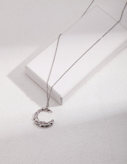 Elegant Crescent Moon Waterflow Pendant Necklace in Sterling Silver