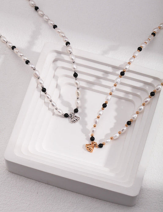 Shell Serenade: Exquisite Pearl Black Agate Sterling Silver Beaded Necklace