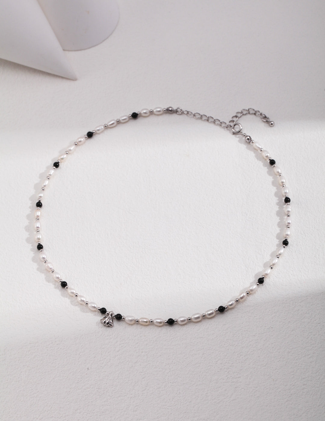 Shell Serenade: Exquisite Pearl Black Agate Sterling Silver Beaded Necklace