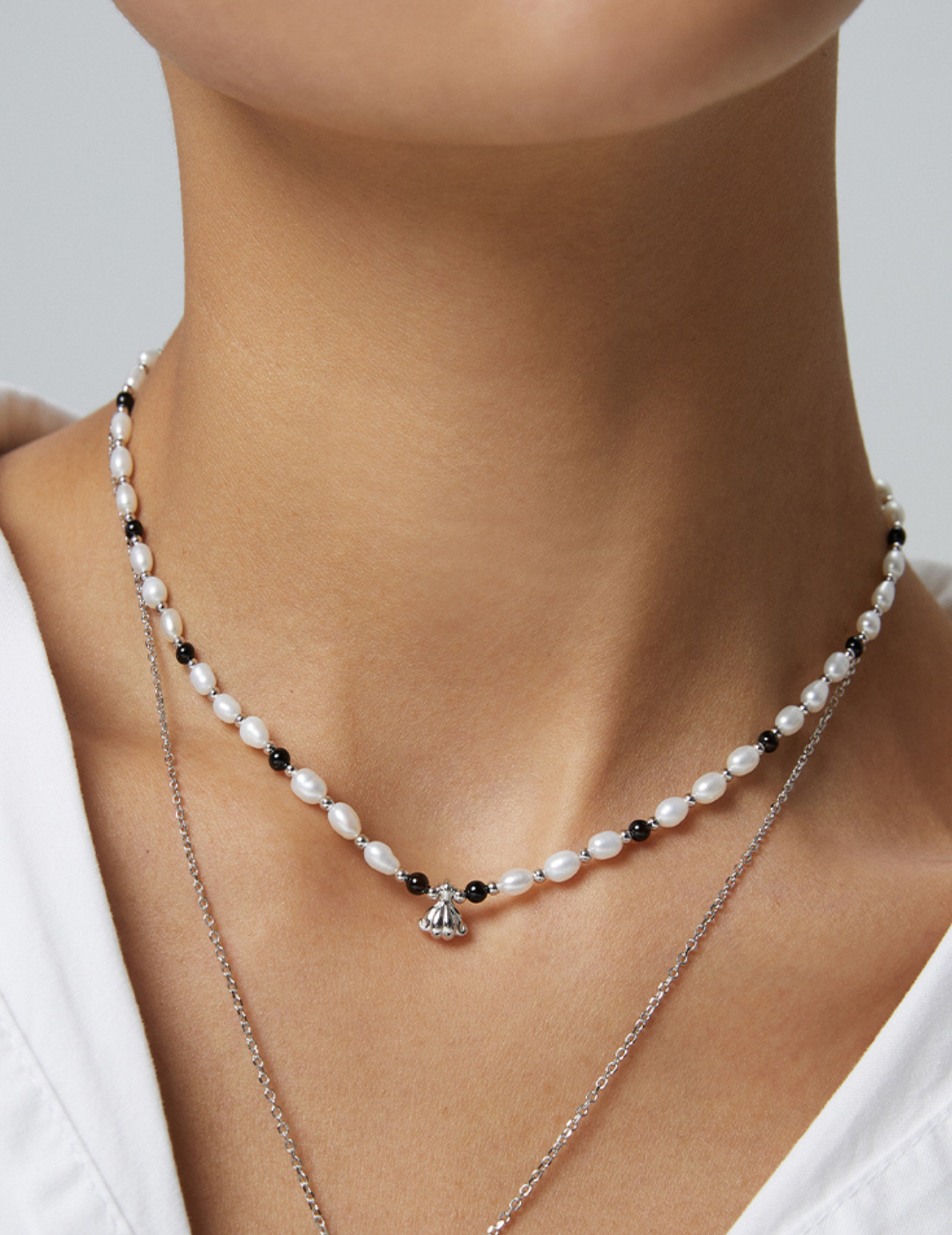 Shell Serenade: Exquisite Pearl Black Agate Sterling Silver Beaded Necklace