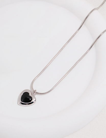 Chic Noir Heart Drip Glaze Snake Chain Sterling Silver Necklace