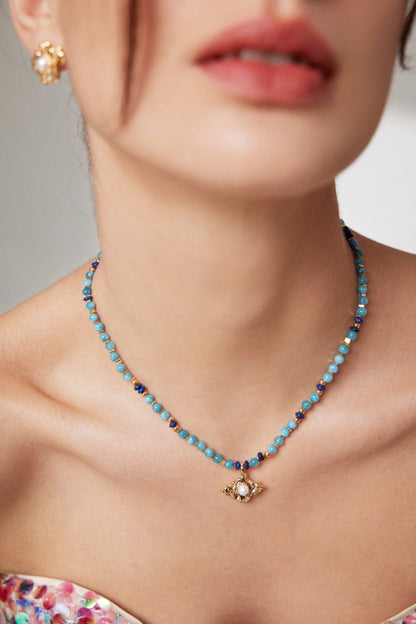 Azure Breeze: Enchanting Amazonite Lapis Lazuli Pearl Pendant Necklace