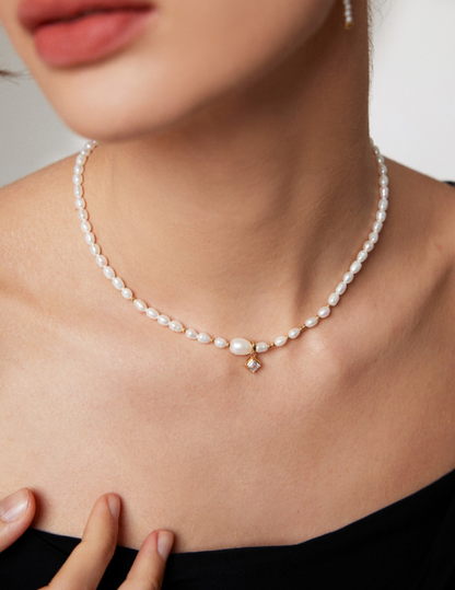 Aurora: Luminous Pearl and Zircon Sterling Silver Necklace