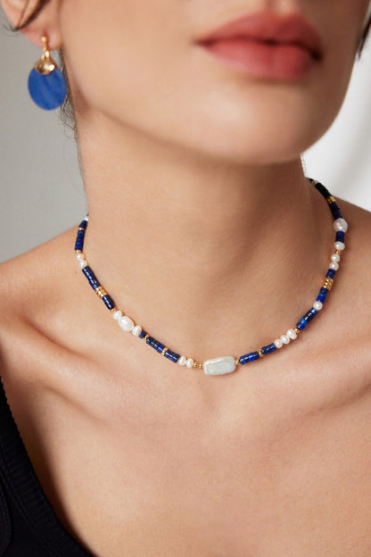 Tranquil Lagoon: Premium Lapis Lazuli and Pearl Sterling Silver Necklace