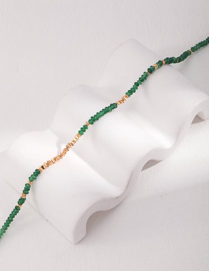 Emerald Jade Symphony Retro Gold Beaded Sterling Silver Necklace