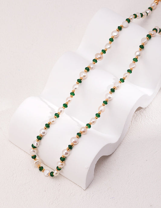 Moonlit Elegance: Natural Pearl and Emerald Beaded Necklace in Sterling Silver