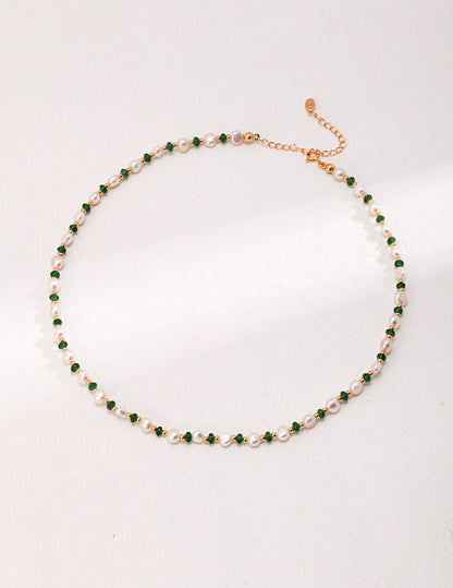 Moonlit Elegance: Natural Pearl and Emerald Beaded Necklace in Sterling Silver