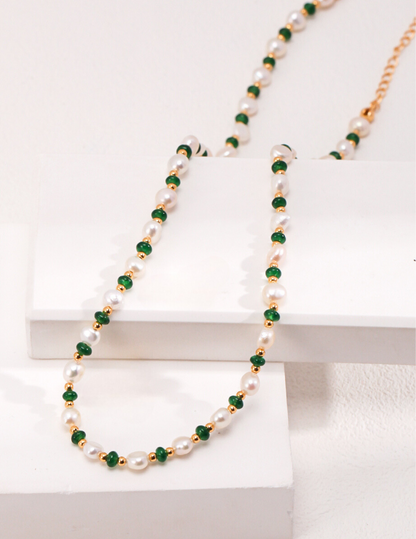 Moonlit Elegance: Natural Pearl and Emerald Beaded Necklace in Sterling Silver