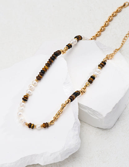 Exotic Romance: Tiger Eye & Pearl Sterling Silver Beaded Necklace