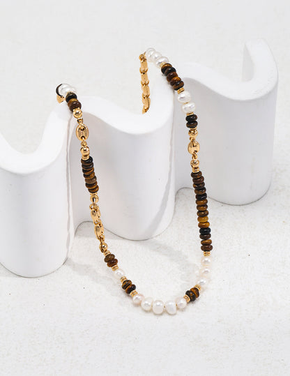 Exotic Romance: Tiger Eye & Pearl Sterling Silver Beaded Necklace