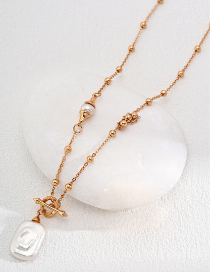 Dazzling Pearl and Gold Beaded Sterling Silver Necklace with OT Lock