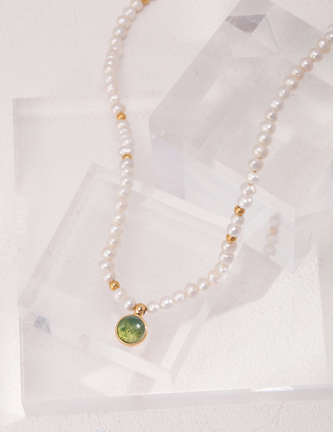 Green Field: Sterling Silver Pearl Necklace with Water Grass Agate Pendant