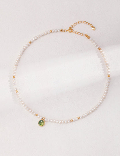 Green Field: Sterling Silver Pearl Necklace with Water Grass Agate Pendant