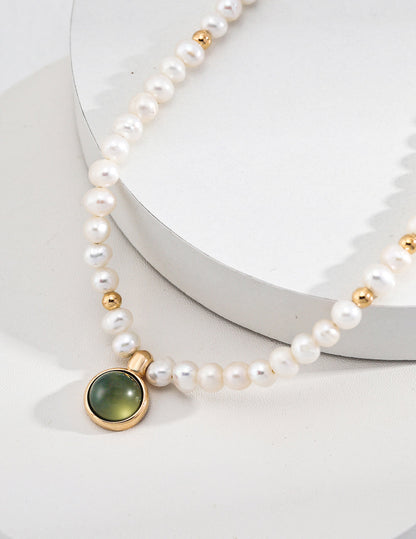 Green Field: Sterling Silver Pearl Necklace with Water Grass Agate Pendant