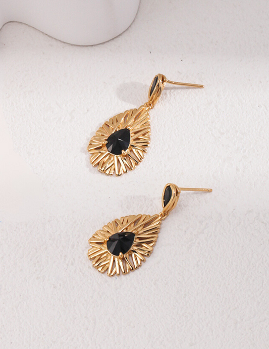 Eclipse Glow: Stylish Black Zircon Dangle Retro Gold Earrings