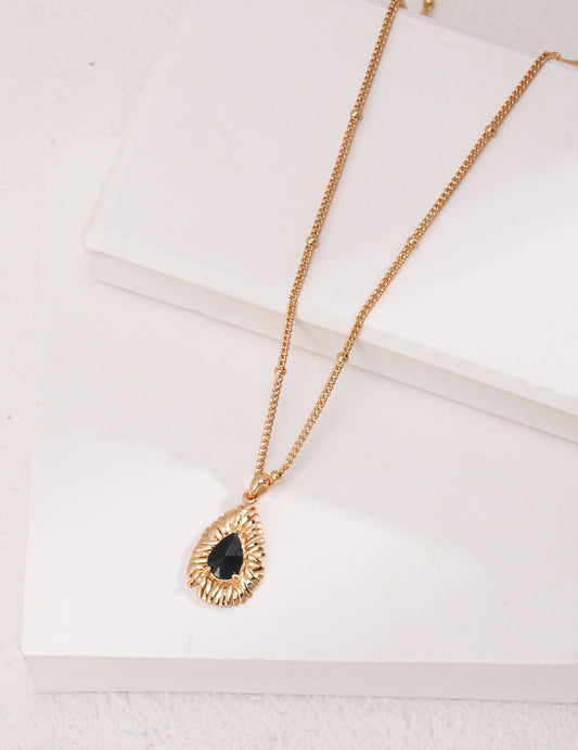 Eclipse Glow: Stylish Black Zircon Teardrop Pendant Retro Gold Necklace