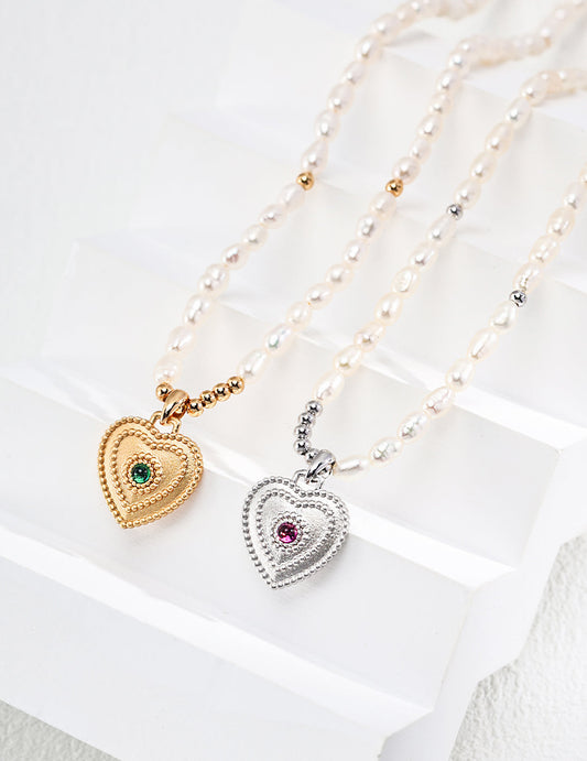 Vivid Love: Heart-Shaped Zircon Pendant Pearl and Sterling Silver Necklace