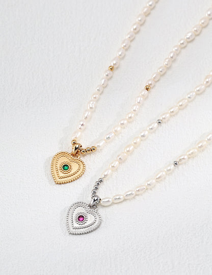 Vivid Love: Heart-Shaped Zircon Pendant Pearl and Sterling Silver Necklace