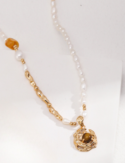 Tropical Rainforest: Premium Natural Pearl & Sterling Silver Necklace with Tiger Eye Pendant