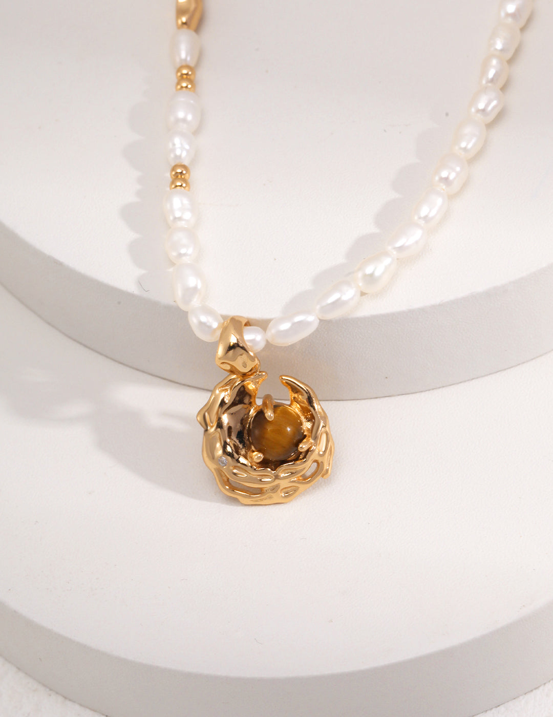 Tropical Rainforest: Premium Natural Pearl & Sterling Silver Necklace with Tiger Eye Pendant