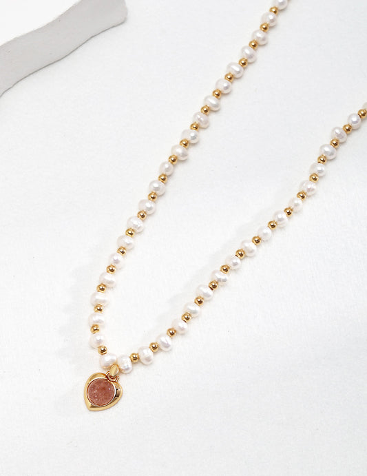 Delicate Pearl Sterling Silver Necklace with Sparkle Strawberry Crystal Pendant