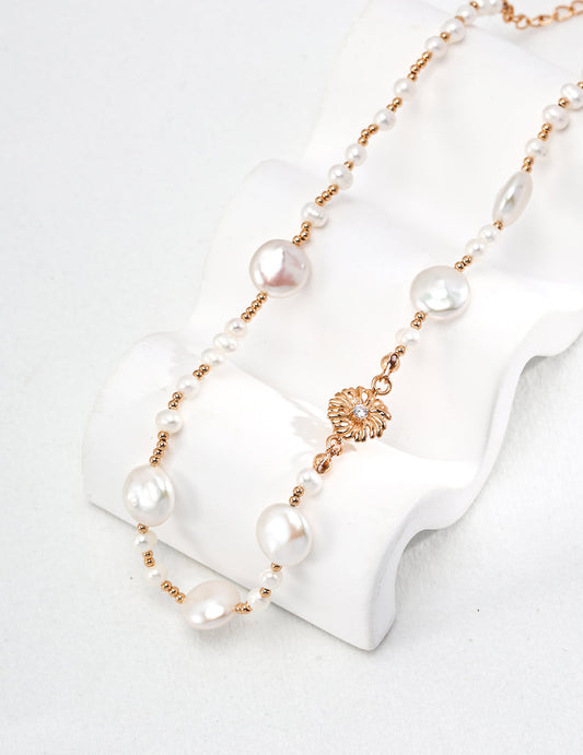 Ethereal Garden: Elegant Floral Pearl and Zircon Sterling Silver Necklace