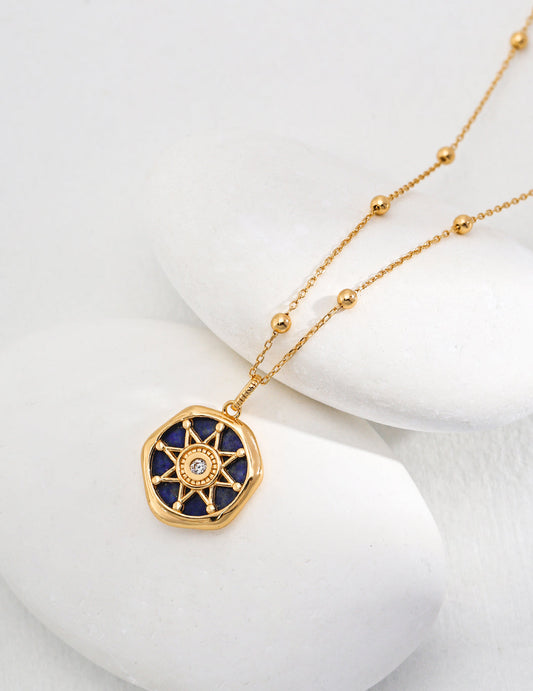 Galaxy Kiss: Retro Gold Lapis Lazuli and Zircon Pendant Necklace in Sterling Silver