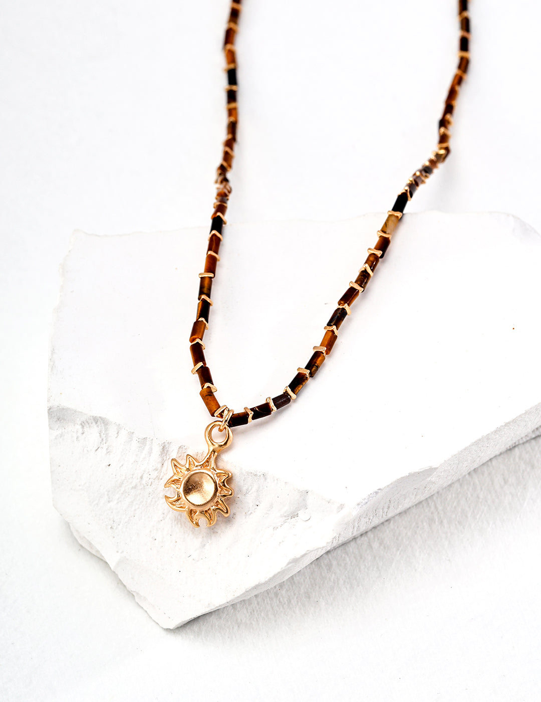 Solar Embrace: Vintage Tiger Eye Stone and Sterling Silver Necklace with Sun Pendant