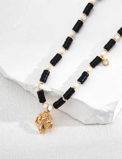 Anchor Charm Black Agate & Zircon Shell Necklace in Sterling Silver