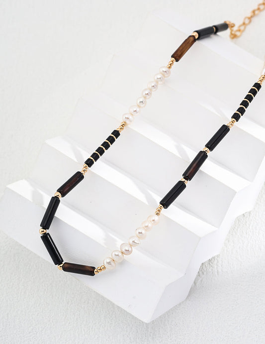 Midnight: Exquisite Black Agate and Pearl Beaded Necklace