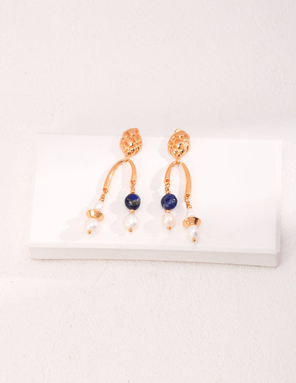 Vintage Elegance: Beaded Sterling Silver Pearl and Lapis Lazuli Earrings