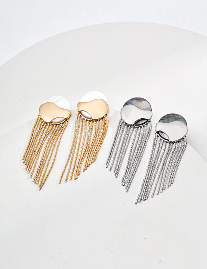 Trendy Sterling Silver Tassel Earrings with Mother-of-Pearl and Black Shell