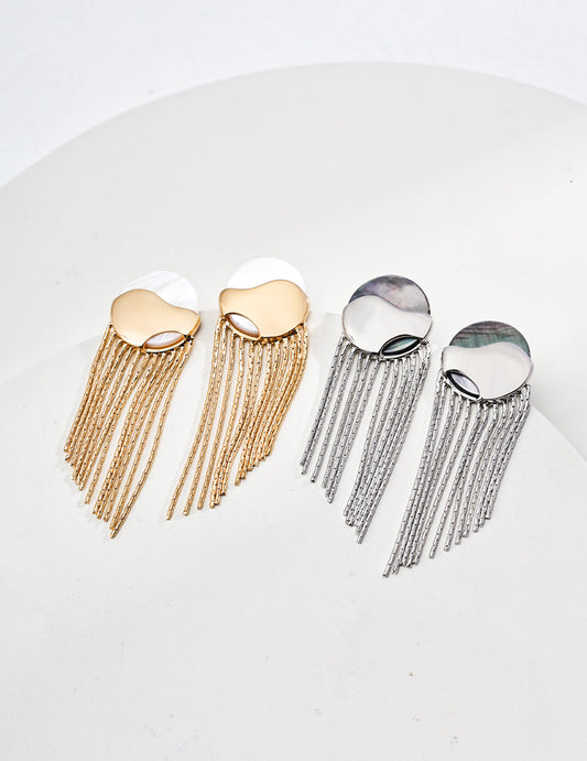 Trendy Sterling Silver Tassel Earrings with Mother-of-Pearl and Black Shell