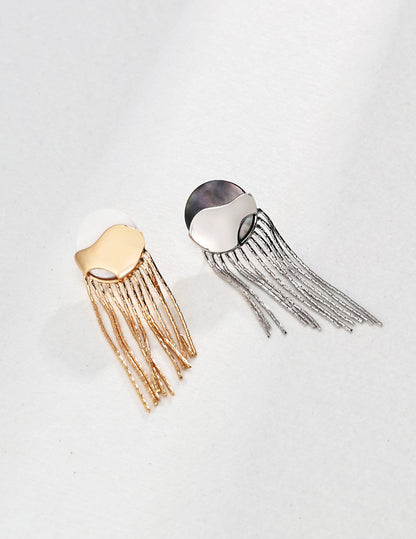 Trendy Sterling Silver Tassel Earrings with Mother-of-Pearl and Black Shell