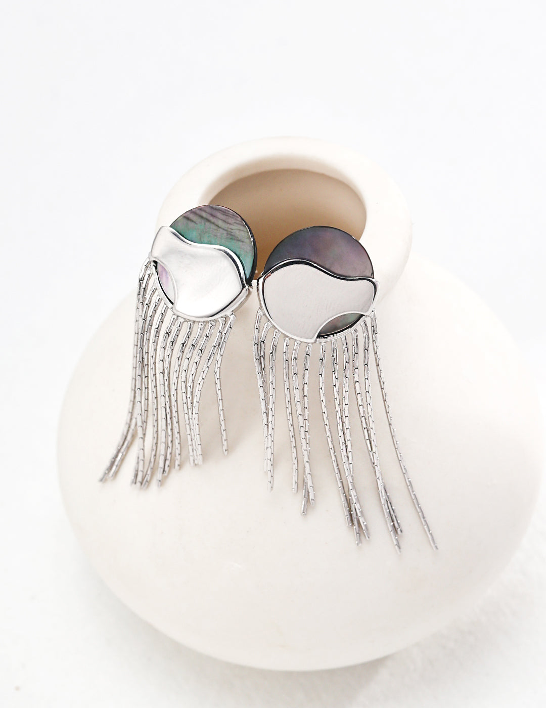 Trendy Sterling Silver Tassel Earrings with Mother-of-Pearl and Black Shell