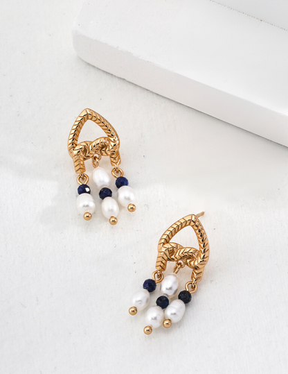 Gorgeous Heart-Shaped Lapis Lazuli and Pearl Sterling Silver Earrings