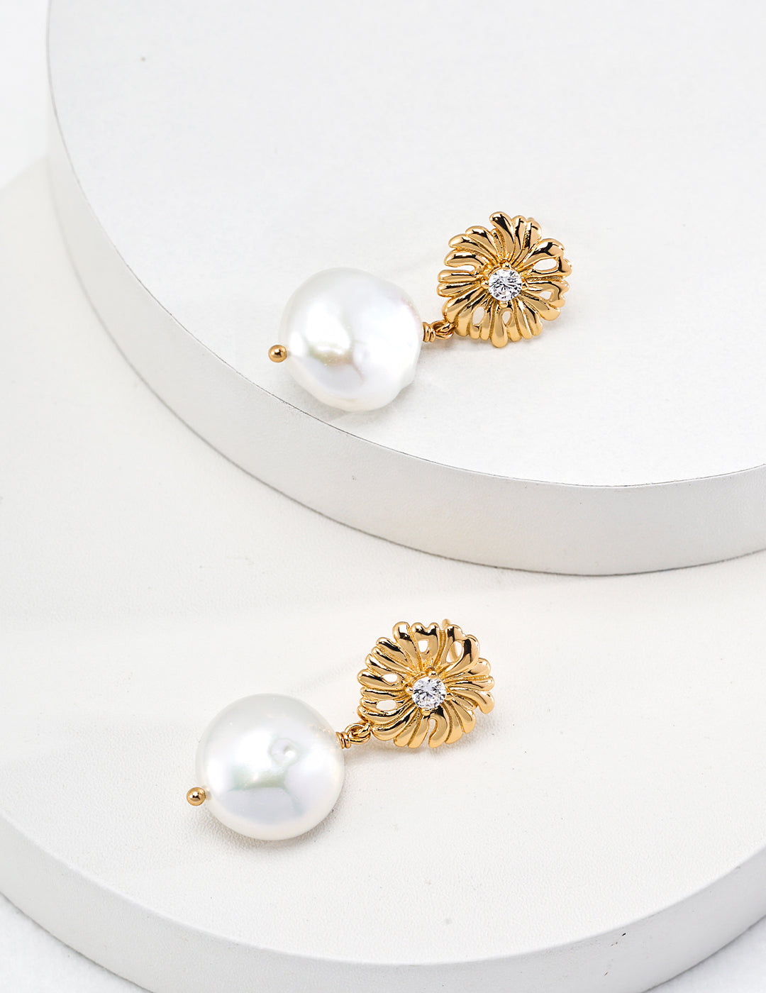 Golden Pearl Flower Earrings in Sterling Silver with Zircon Accents