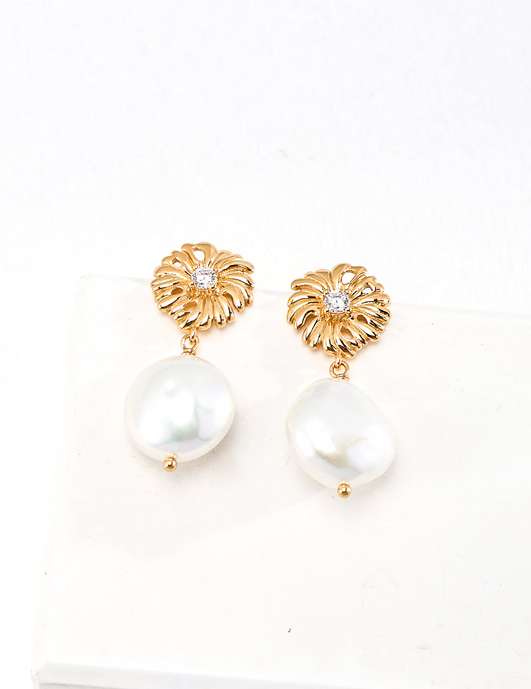 Golden Pearl Flower Earrings in Sterling Silver with Zircon Accents