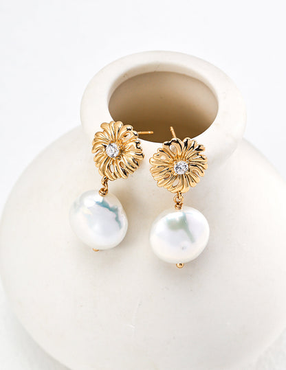 Golden Pearl Flower Earrings in Sterling Silver with Zircon Accents