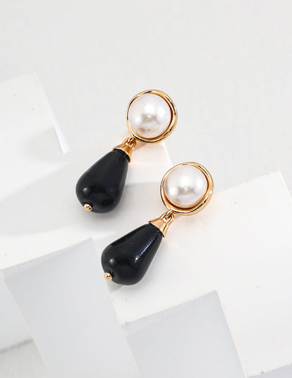 Stylish Black Agate and Pearl Sterling Silver Earrings